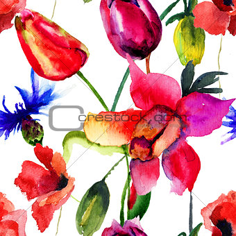 Seamless pattern with Beautiful Tulips and Poppy flowers