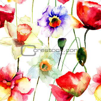 Stylized Narcissus and Poppy flowers illustration