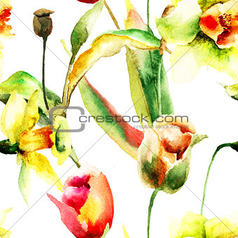 Seamless wallpaper with Narcissus and Tulips flowers
