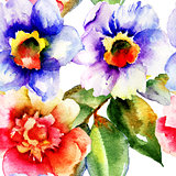Watercolor painting with Roses and Narcissus flowers