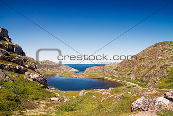 Mountain lake in the North. Moss-covered hills, and stunted vege