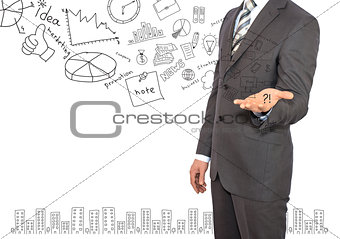 Standing businessman and business sketches