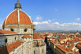 Dome of famous Duomo Cathedral and view of old historic part of Florence, Italy (view from above).