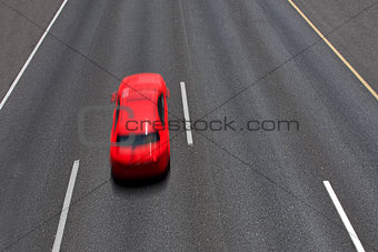 Red car moves fast on empty multilane highway ( long exposure, motion blurred, view from above).