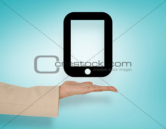 Composite image of female hand presenting tablet graphic