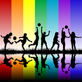 Group of children silhouettes playing