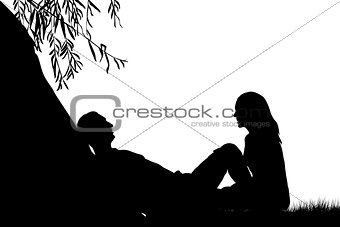 Lovers near a lake under a willow