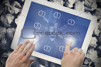 Composite image of hand touching tablet