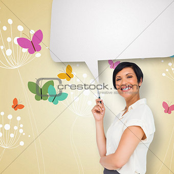 Composite image of thoughtful businesswoman with speech bubble