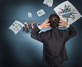 Composite image of stressed businessman with hands on head with tiny businessmen