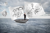 Composite image of happy businessman looking away in a sailboat