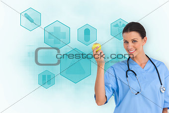 Composite image of happy surgeon holding an apple and smiling at camera