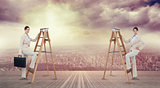 Composite image of multiple image of businesswoman climbing ladder