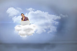 Composite image of thinking man sitting on cloud  using laptop and smiling