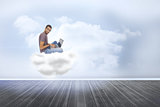 Composite image of man wearing glasses sitting on cloud  using laptop and looking at camera