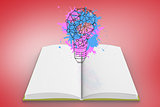 Composite image of light bulb on paint splashes on open book