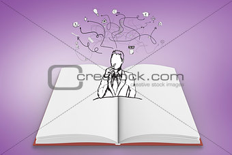 Composite image of thinking businessman doodle on open book