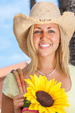 Beautiful Girl Woman Straw Hat & Sunflowers
