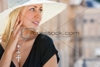 Beautiful Woman in Hat & Black Dress