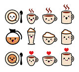 Cute coffee, cappuccino and espresso kawaii icon set - vector