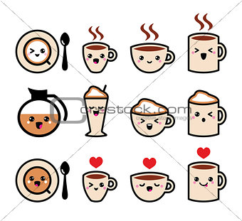 Cute coffee, cappuccino and espresso kawaii icon set - vector