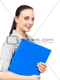 business woman with a blue binder