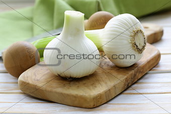 fresh organic garlic on a wooden kitchen board