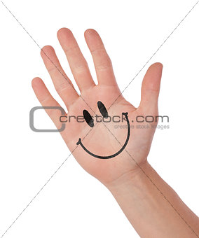 Hand with smiley isolated on white, concept of communication