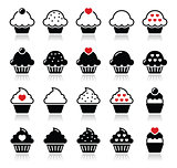 Cupcake with heart, cherry and sparkles icons set