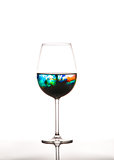 Glass with multicolored water on white background