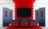 Red and blue contemporary home theater 