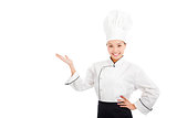 professional female cook raise hands to show something 