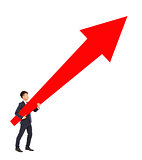 businessman standing and holding a upward red arrow