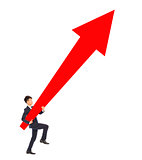businessman walking and holding a upward red arrow