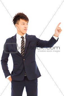 businessman hand and finger touching screen on white background