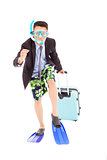 amusing businessman running pose and carrying baggage