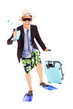 funny businessman holding scuba gearing and baggage 