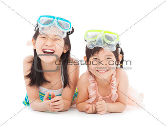 happy little girls with swimsuit isolated on white