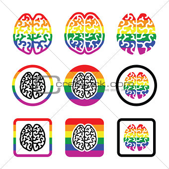 Gay Human brain icons set - rainbow symbol
