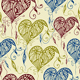 Vector Seamless Pattern with Funky Bright Hearts and Feathers