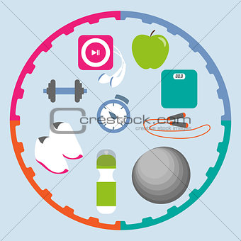 Fitness icons set: ten elements illustration on blue background