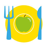 Green apple on the yellow plate with blue fork and knife - isolated illustration
