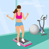 Beautiful woman doing aerobic workout with stepper platform in the gym