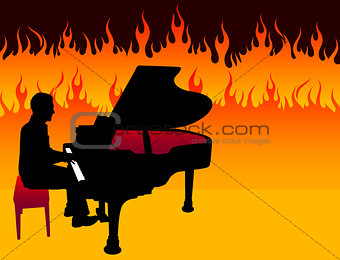 Piano Musician on Fire Background