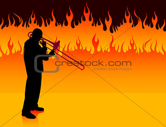 Trumpet Musician on Fire Background