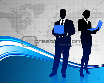 Business Couple on Abstract World Map Background
