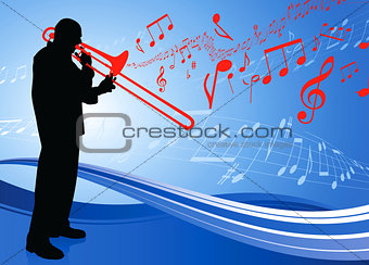 Trumpet Musician on Musical Note Background