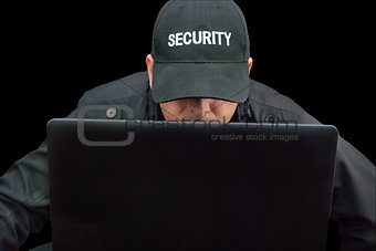 Security Working On Laptop, Brim Down