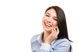 smiling young brunette woman talking on the phone