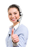Portrait of smiling female  phone operator in ok gesture
